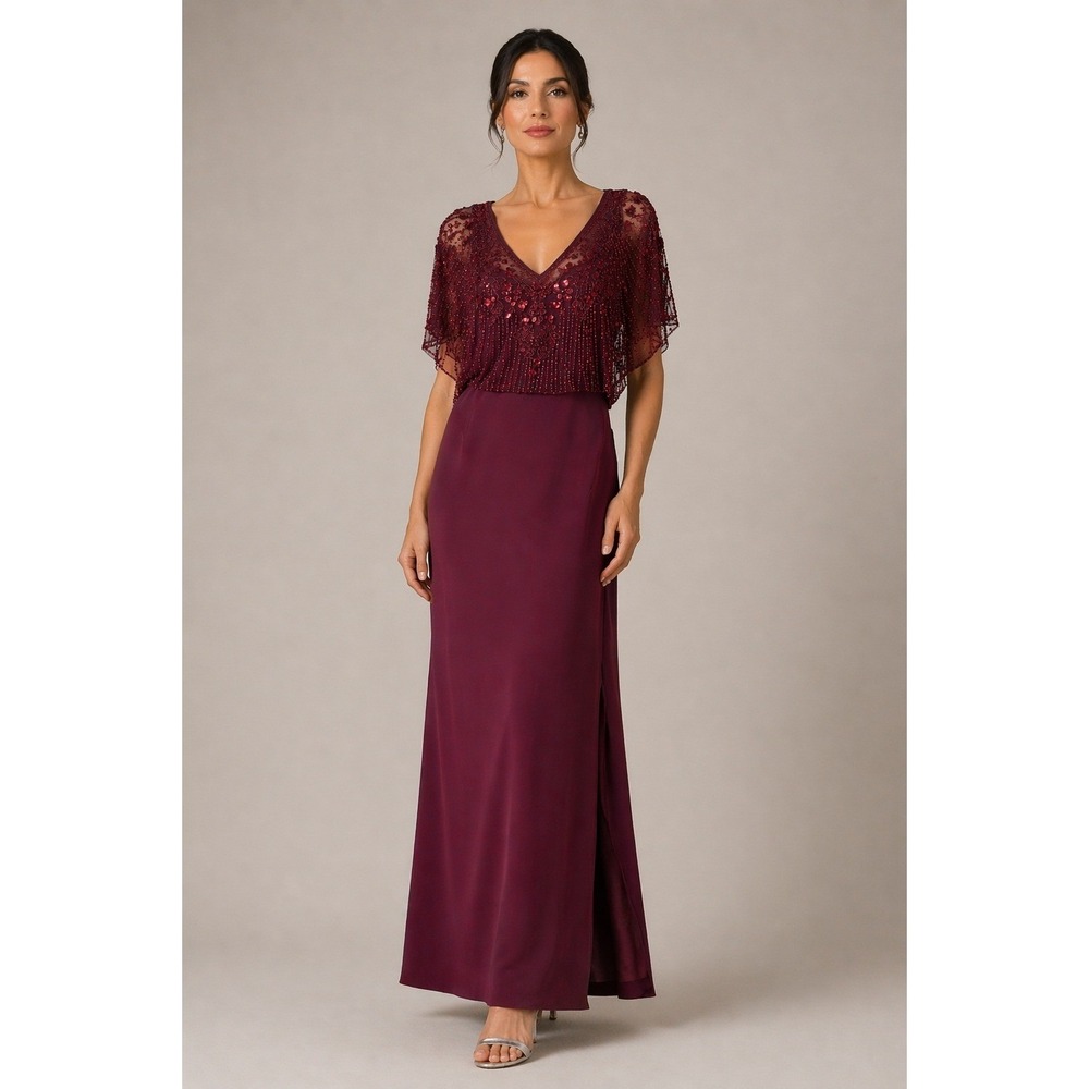 Aidan Mattox Beaded Evening Gown Wine‎ Sequin Capelet Art Deco Old Hollywood Sz4